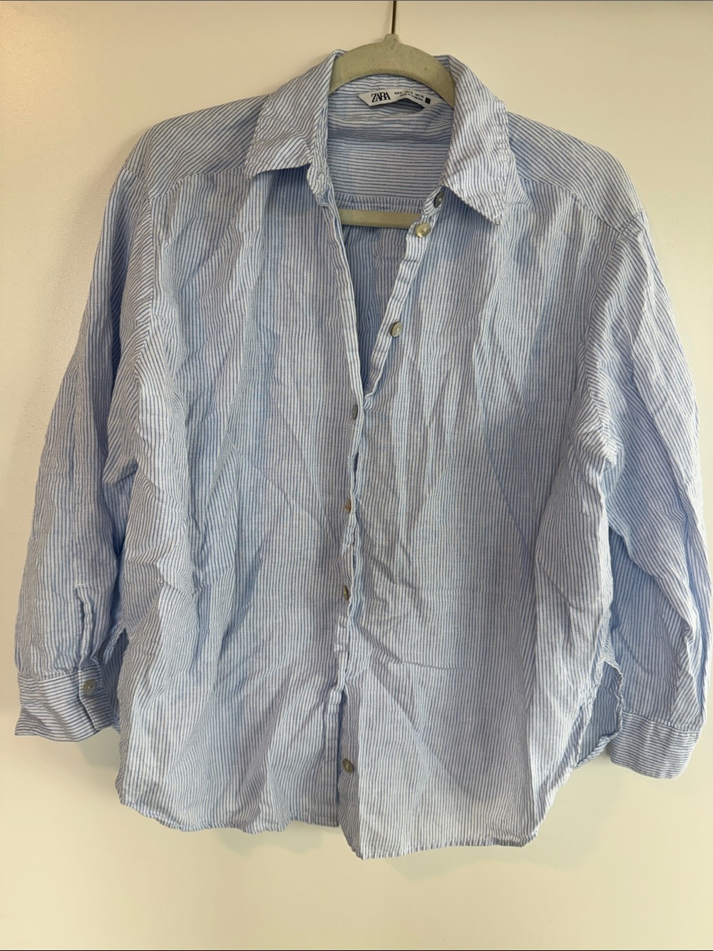Zara Light Blue and White Linen Pinstripe Button-Up Shirt
